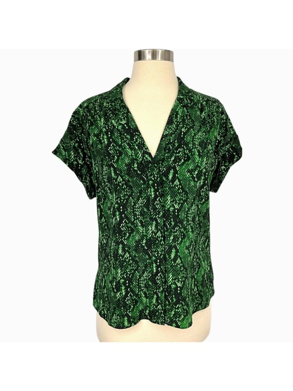 Veronica Beard Merci Python Blouse Womens 4 Green Silk Short Sleeve Collared Top